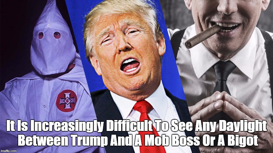 "It Is Increasingly Difficult To See Any Daylight Between Trump And..." | It Is Increasingly Difficult To See Any Daylight Between Trump And A Mob Boss Or A Bigot | image tagged in deplorable donald,despicable donald,despotic donald,dishonest donald,mafia don,devious donald | made w/ Imgflip meme maker