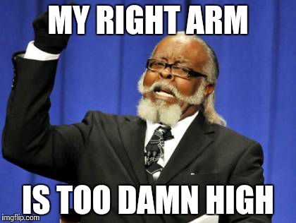 Too Damn High | MY RIGHT ARM; IS TOO DAMN HIGH | image tagged in memes,too damn high | made w/ Imgflip meme maker