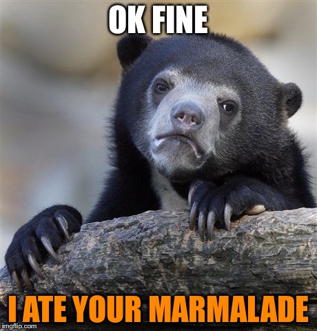 Paddington loves dat marmalade | OK FINE; I ATE YOUR MARMALADE | image tagged in memes,confession bear | made w/ Imgflip meme maker