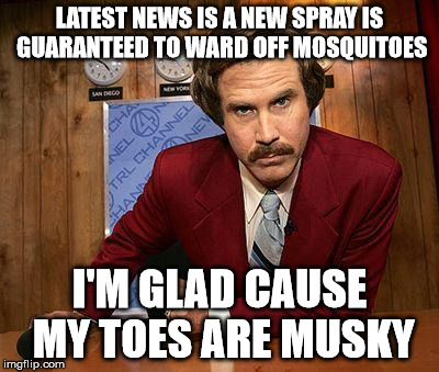 ron burgundy | LATEST NEWS IS A NEW SPRAY IS GUARANTEED TO WARD OFF MOSQUITOES; I'M GLAD CAUSE MY TOES ARE MUSKY | image tagged in ron burgundy | made w/ Imgflip meme maker