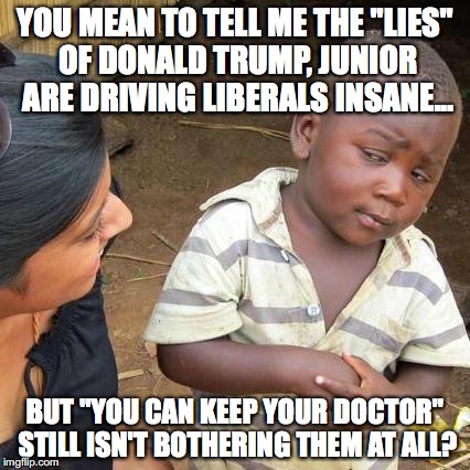 Hypocrisy is all Liberals have left. |  YOU MEAN TO TELL ME THE "LIES" OF DONALD TRUMP, JUNIOR ARE DRIVING LIBERALS INSANE... BUT "YOU CAN KEEP YOUR DOCTOR" STILL ISN'T BOTHERING THEM AT ALL? | image tagged in 2017,donald trump jr,meeting,russians,liberals,hypocrisy | made w/ Imgflip meme maker