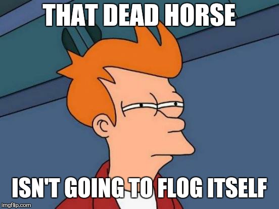 Futurama Fry Meme | THAT DEAD HORSE ISN'T GOING TO FLOG ITSELF | image tagged in memes,futurama fry | made w/ Imgflip meme maker