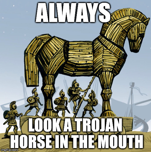 Trojan horse | ALWAYS; LOOK A TROJAN HORSE IN THE MOUTH | image tagged in trojan horse | made w/ Imgflip meme maker