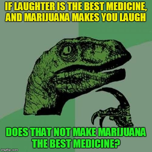 Philosoraptor Meme | IF LAUGHTER IS THE BEST MEDICINE, AND MARIJUANA MAKES YOU LAUGH DOES THAT NOT MAKE MARIJUANA THE BEST MEDICINE? | image tagged in memes,philosoraptor | made w/ Imgflip meme maker