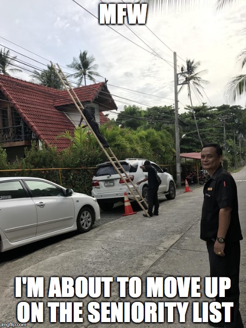 Disaster Guy | MFW; I'M ABOUT TO MOVE UP ON THE SENIORITY LIST | image tagged in disaster girl,osha,unsafe,work,smug | made w/ Imgflip meme maker