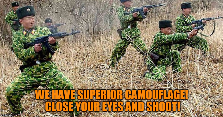 You will never see the mighty North Korean army coming! | WE HAVE SUPERIOR CAMOUFLAGE! CLOSE YOUR EYES AND SHOOT! | image tagged in memes,north korea,north korean army,camouflage,epic fail | made w/ Imgflip meme maker
