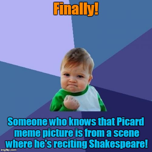 Success Kid Meme | Finally! Someone who knows that Picard meme picture is from a scene where he's reciting Shakespeare! | image tagged in memes,success kid | made w/ Imgflip meme maker