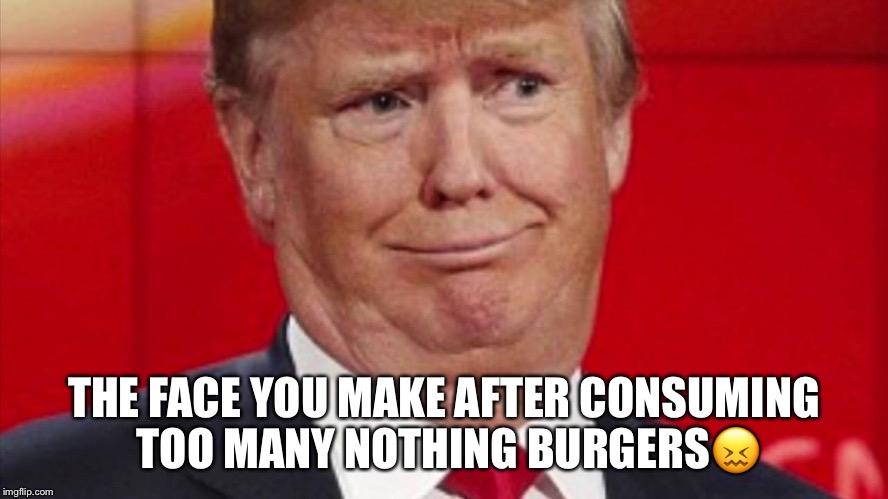 Donald Trump eating too many nothing burgers | THE FACE YOU MAKE AFTER CONSUMING TOO MANY NOTHING BURGERS😖 | image tagged in donald trump,nothing burgers,republicans | made w/ Imgflip meme maker