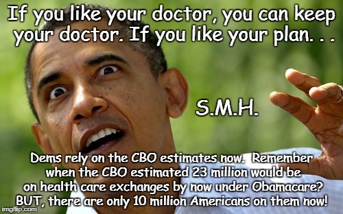 If you like your doctor, you can keep your doctor. If you like your plan. . . S.M.H. Dems rely on the CBO estimates now.  Remember when the CBO estimated 23 million would be on health care exchanges by now under Obamacare? BUT, there are only 10 million Americans on them now! | image tagged in democrats | made w/ Imgflip meme maker