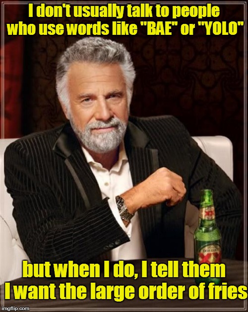 The Most Interesting Conversationalist in the World | I don't usually talk to people who use words like "BAE'' or "YOLO''; but when I do, I tell them I want the large order of fries | image tagged in the most interesting man in the world,funny | made w/ Imgflip meme maker