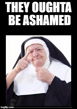 nun | THEY OUGHTA BE ASHAMED | image tagged in nun | made w/ Imgflip meme maker