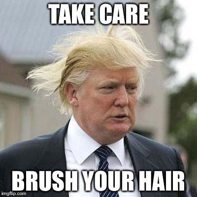 Donald Trump | TAKE CARE; BRUSH YOUR HAIR | image tagged in donald trump | made w/ Imgflip meme maker