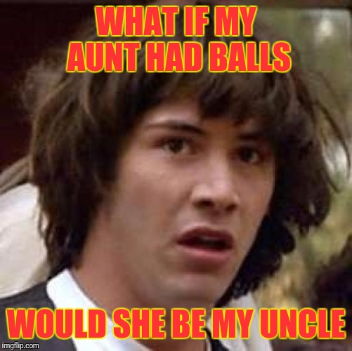Conspiracy Keanu Meme | WHAT IF MY AUNT HAD BALLS; WOULD SHE BE MY UNCLE | image tagged in memes,conspiracy keanu | made w/ Imgflip meme maker