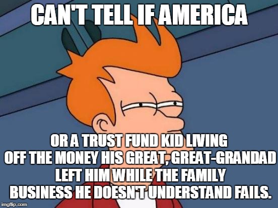 A Heritage Squandered: America Deserves To Fail | CAN'T TELL IF AMERICA; OR A TRUST FUND KID LIVING OFF THE MONEY HIS GREAT, GREAT-GRANDAD LEFT HIM WHILE THE FAMILY BUSINESS HE DOESN'T UNDERSTAND FAILS. | image tagged in memes,futurama fry | made w/ Imgflip meme maker