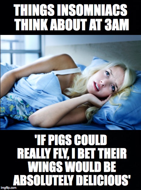 Things Insomniacs Think About At 3am | THINGS INSOMNIACS THINK ABOUT AT 3AM; 'IF PIGS COULD REALLY FLY, I BET THEIR WINGS WOULD BE ABSOLUTELY DELICIOUS' | image tagged in black,insomnia,pigs can fly,delicious wings | made w/ Imgflip meme maker