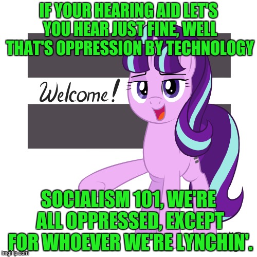 IF YOUR HEARING AID LET'S YOU HEAR JUST FINE, WELL THAT'S OPPRESSION BY TECHNOLOGY SOCIALISM 101, WE'RE ALL OPPRESSED, EXCEPT FOR WHOEVER WE | made w/ Imgflip meme maker