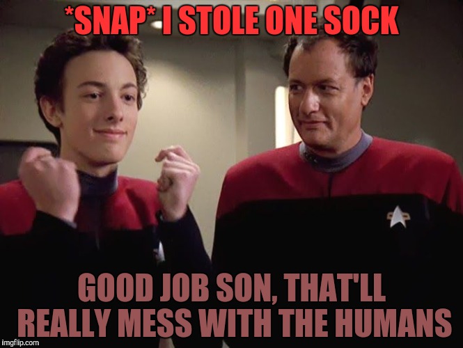 *SNAP* I STOLE ONE SOCK GOOD JOB SON, THAT'LL REALLY MESS WITH THE HUMANS | made w/ Imgflip meme maker