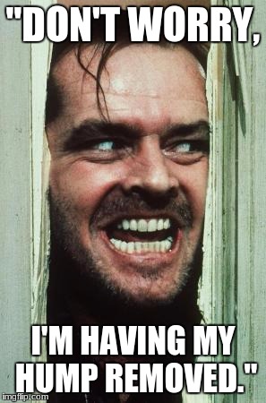 Here's Johnny | "DON'T WORRY, I'M HAVING MY HUMP REMOVED." | image tagged in memes,heres johnny | made w/ Imgflip meme maker