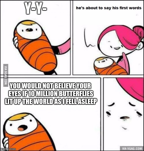 behold one of the most outplayed/old memes | Y-Y-; YOU WOULD NOT BELIEVE YOUR EYES IF 10 MILLION BUTTERFLIES LIT UP THE WORLD AS I FELL ASLEEP | image tagged in he is about to say his first words,memes,funny memes,butterfly | made w/ Imgflip meme maker