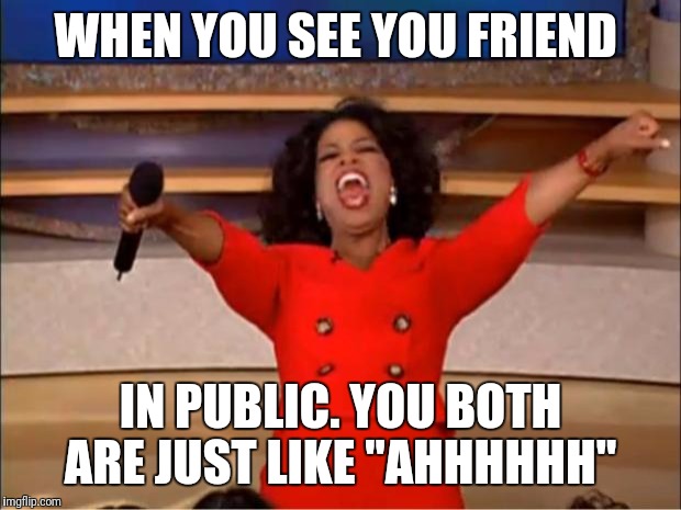 Oprah You Get A Meme | WHEN YOU SEE YOU FRIEND; IN PUBLIC. YOU BOTH ARE JUST LIKE "AHHHHHH" | image tagged in memes,oprah you get a | made w/ Imgflip meme maker