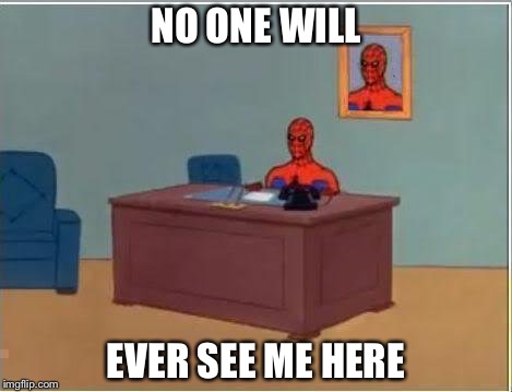 Spiderman Computer Desk Meme | NO ONE WILL; EVER SEE ME HERE | image tagged in memes,spiderman computer desk,spiderman | made w/ Imgflip meme maker