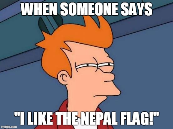 Nepal Flag Sucks | WHEN SOMEONE SAYS; "I LIKE THE NEPAL FLAG!" | image tagged in memes,futurama fry | made w/ Imgflip meme maker