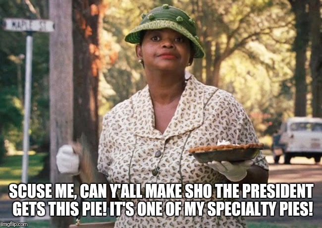 The Help pie | SCUSE ME, CAN Y'ALL MAKE SHO THE PRESIDENT GETS THIS PIE! IT'S ONE OF MY SPECIALTY PIES! | image tagged in the help pie | made w/ Imgflip meme maker
