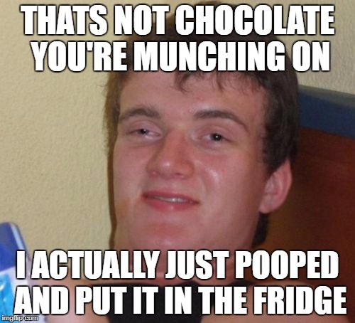 10 Guy Meme |  THATS NOT CHOCOLATE YOU'RE MUNCHING ON; I ACTUALLY JUST POOPED AND PUT IT IN THE FRIDGE | image tagged in memes,10 guy | made w/ Imgflip meme maker