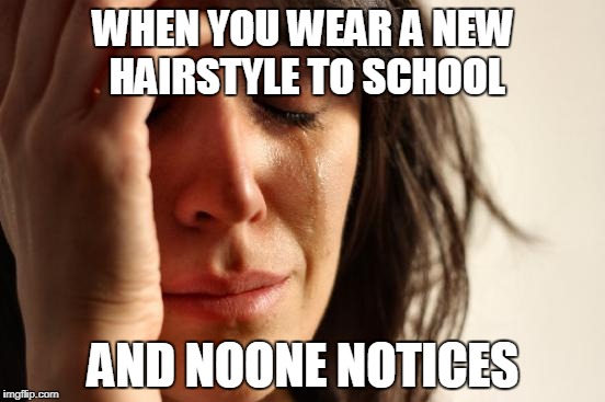 First World Problems |  WHEN YOU WEAR A NEW HAIRSTYLE TO SCHOOL; AND NOONE NOTICES | image tagged in memes,new,hair,style,relatable,funny | made w/ Imgflip meme maker
