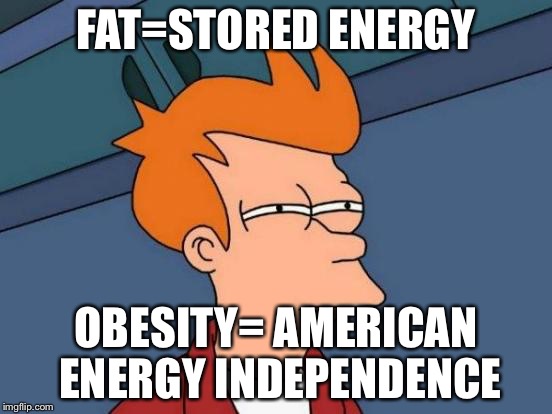 Futurama Fry Meme | FAT=STORED ENERGY OBESITY= AMERICAN ENERGY INDEPENDENCE | image tagged in memes,futurama fry | made w/ Imgflip meme maker