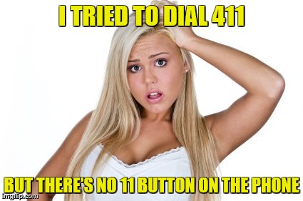 Dumb Blonde | I TRIED TO DIAL 411 BUT THERE'S NO 11 BUTTON ON THE PHONE | image tagged in dumb blonde | made w/ Imgflip meme maker