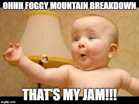 Excited baby | OHHH FOGGY MOUNTAIN BREAKDOWN; THAT'S MY JAM!!! | image tagged in excited baby | made w/ Imgflip meme maker