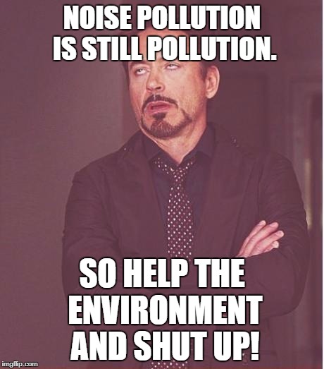 Thought of the Day by Robert Downey Jr. | NOISE POLLUTION IS STILL POLLUTION. SO HELP THE ENVIRONMENT AND SHUT UP! | image tagged in memes,face you make robert downey jr | made w/ Imgflip meme maker