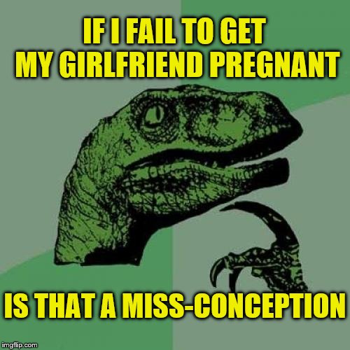 Philosoraptor Meme | IF I FAIL TO GET MY GIRLFRIEND PREGNANT; IS THAT A MISS-CONCEPTION | image tagged in memes,philosoraptor | made w/ Imgflip meme maker