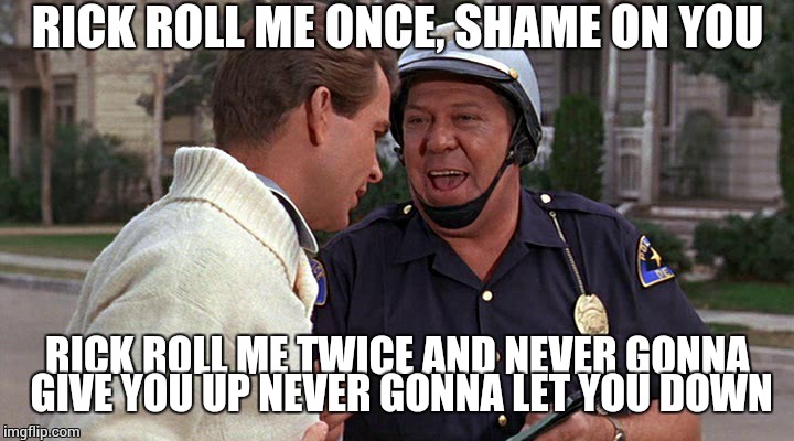 I would never do that to you, or would i? | RICK ROLL ME ONCE, SHAME ON YOU; RICK ROLL ME TWICE AND NEVER GONNA GIVE YOU UP NEVER GONNA LET YOU DOWN | image tagged in officer puppy | made w/ Imgflip meme maker