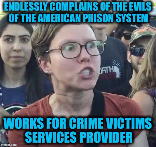 Triggered feminist | ENDLESSLY COMPLAINS OF THE EVILS OF THE AMERICAN PRISON SYSTEM; WORKS FOR CRIME VICTIMS SERVICES PROVIDER | image tagged in triggered feminist,memes | made w/ Imgflip meme maker