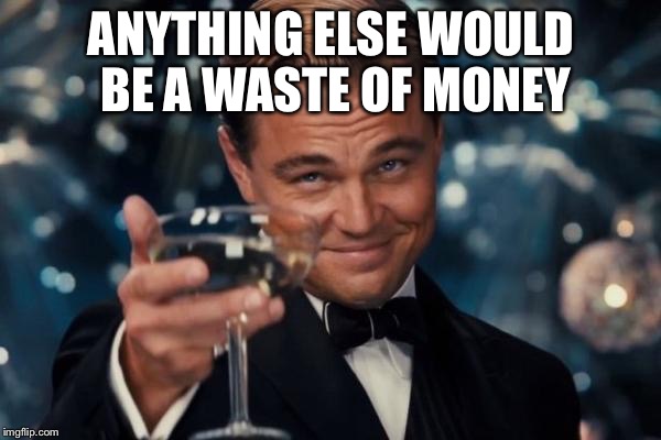 Leonardo Dicaprio Cheers Meme | ANYTHING ELSE WOULD BE A WASTE OF MONEY | image tagged in memes,leonardo dicaprio cheers | made w/ Imgflip meme maker