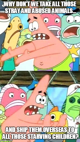 Put It Somewhere Else Patrick Meme | WHY DON'T WE TAKE ALL THOSE STRAY AND ABUSED ANIMALS... AND SHIP THEM OVERSEAS TO ALL THOSE STARVING CHILDREN? | image tagged in memes,put it somewhere else patrick,animals,children | made w/ Imgflip meme maker