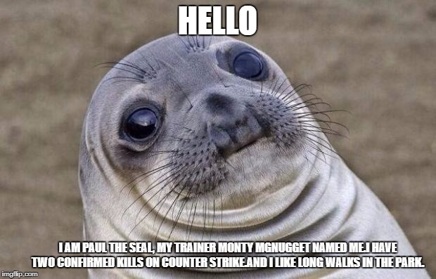 Awkward Moment Sealion Meme | HELLO; I AM PAUL THE SEAL, MY TRAINER MONTY MGNUGGET NAMED ME.I HAVE TWO CONFIRMED KILLS ON COUNTER STRIKE.AND I LIKE LONG WALKS IN THE PARK. | image tagged in memes,awkward moment sealion | made w/ Imgflip meme maker