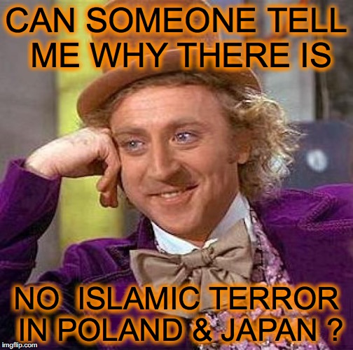 Creepy Condescending Wonka | CAN SOMEONE TELL ME WHY THERE IS; NO  ISLAMIC TERROR IN POLAND & JAPAN ? | image tagged in memes,creepy condescending wonka | made w/ Imgflip meme maker