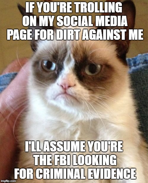 Grumpy Cat | IF YOU'RE TROLLING ON MY SOCIAL MEDIA PAGE FOR DIRT AGAINST ME; I'LL ASSUME YOU'RE THE FBI LOOKING FOR CRIMINAL EVIDENCE | image tagged in memes,grumpy cat | made w/ Imgflip meme maker