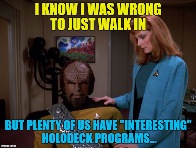 I think it's best if we don't know the details... :) | I KNOW I WAS WRONG TO JUST WALK IN; BUT PLENTY OF US HAVE "INTERESTING" HOLODECK PROGRAMS... | image tagged in memes,star trek,holodeck,tv,it's okay worf. | made w/ Imgflip meme maker