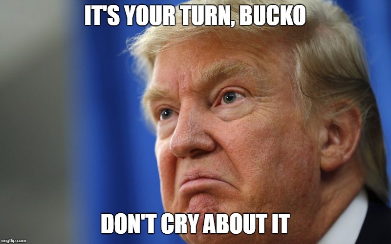 Trump Pouts | IT'S YOUR TURN, BUCKO; DON'T CRY ABOUT IT | image tagged in trump pouts | made w/ Imgflip meme maker