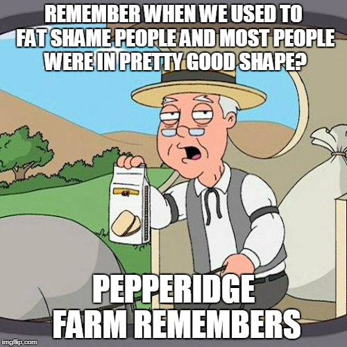 We've been conditioned to accept fat. So everyone is fat. | REMEMBER WHEN WE USED TO FAT SHAME PEOPLE AND MOST PEOPLE WERE IN PRETTY GOOD SHAPE? PEPPERIDGE FARM REMEMBERS | image tagged in memes,pepperidge farm remembers,fat,not politically correct | made w/ Imgflip meme maker