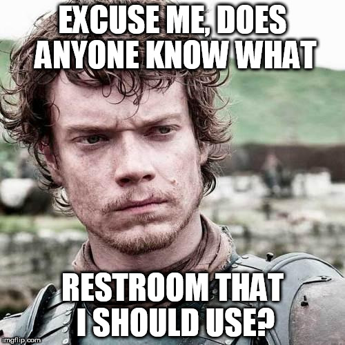 Bad luck theon | EXCUSE ME, DOES ANYONE KNOW WHAT; RESTROOM THAT I SHOULD USE? | image tagged in bad luck theon | made w/ Imgflip meme maker