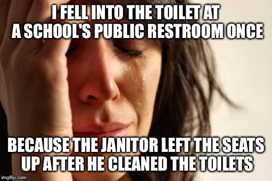 First World Problems Meme | I FELL INTO THE TOILET AT A SCHOOL'S PUBLIC RESTROOM ONCE; BECAUSE THE JANITOR LEFT THE SEATS UP AFTER HE CLEANED THE TOILETS | image tagged in memes,first world problems | made w/ Imgflip meme maker