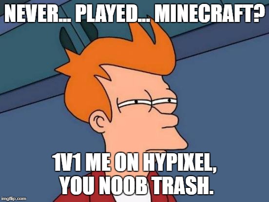 Futurama Fry Meme | NEVER... PLAYED... MINECRAFT? 1V1 ME ON HYPIXEL, YOU NOOB TRASH. | image tagged in memes,futurama fry | made w/ Imgflip meme maker