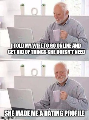 I TOLD MY WIFE TO GO ONLINE AND GET RID OF THINGS SHE DOESN'T NEED SHE MADE ME A DATING PROFILE | image tagged in hide the pain harold | made w/ Imgflip meme maker