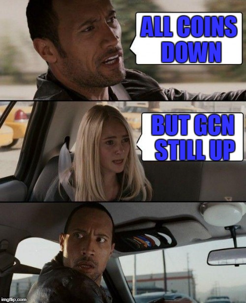 The Rock Driving Meme | ALL COINS DOWN; BUT GCN STILL UP | image tagged in memes,the rock driving | made w/ Imgflip meme maker