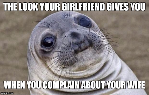Awkward Moment Sealion Meme | THE LOOK YOUR GIRLFRIEND GIVES YOU; WHEN YOU COMPLAIN ABOUT YOUR WIFE | image tagged in memes,awkward moment sealion | made w/ Imgflip meme maker